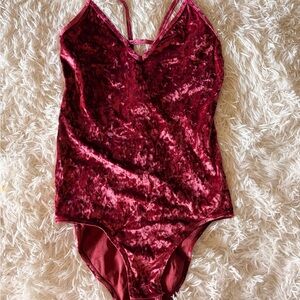 flirtitude Crushed Velvet Wine Red V-Neck Bodysuit